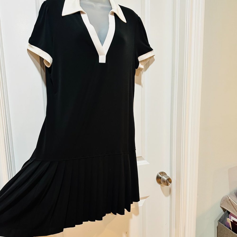 INC International Concepts Black w/White Collar Pleated Hem Short Sleeve Dress